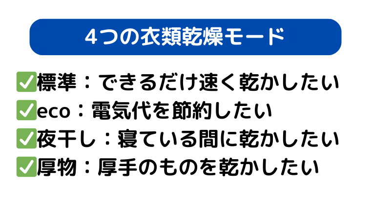 4つの衣類乾燥モード
