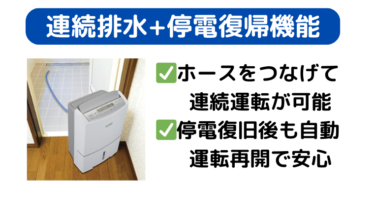 連続排水・停電復帰機能で面倒な排水、長期間の連続除湿も安心