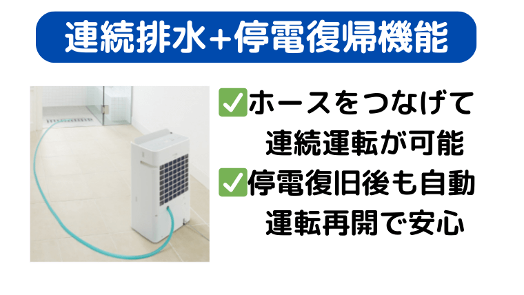 連続排水・停電復帰機能で面倒な排水、長期間の連続除湿も安心
