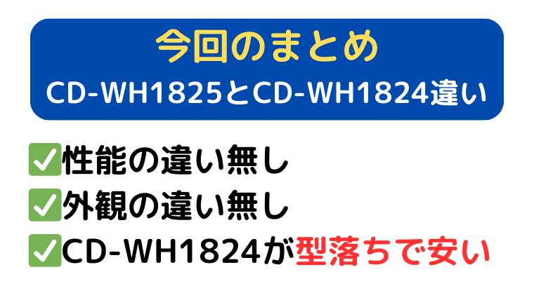 まとめ|CD-WH1825性能の違いは無し。CD-WH1824が型落ちで安い。