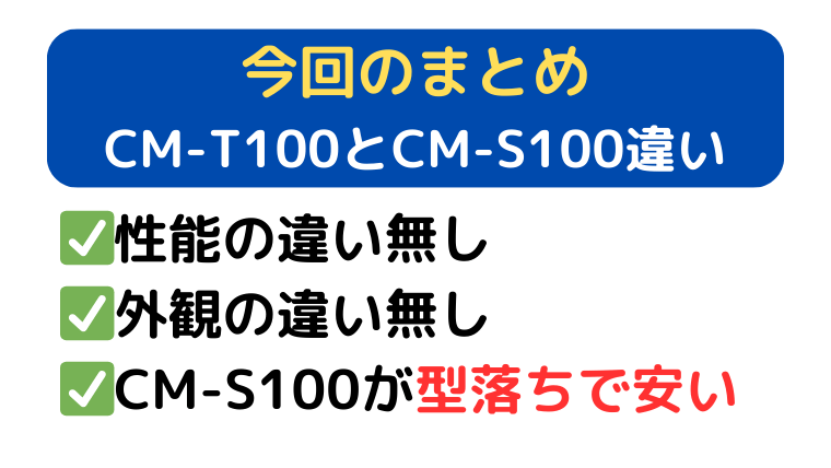 まとめ|CM-T100とCM-S100性能の違いは無し。CM-S100が型落ちで安い。