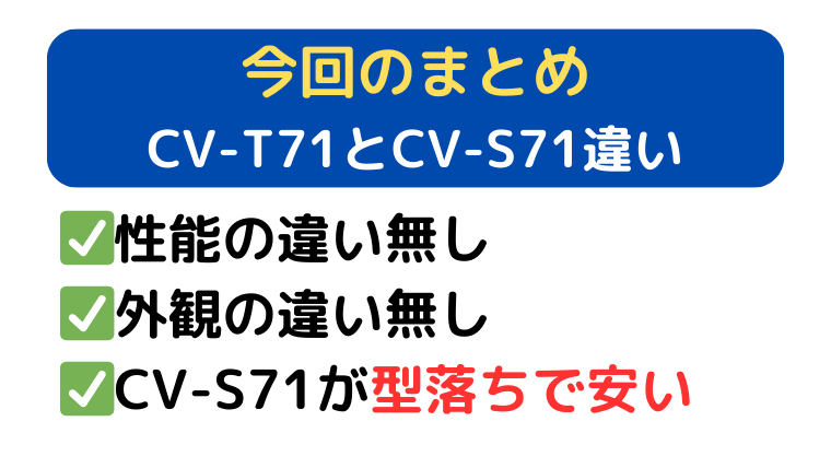 まとめ|CV-T71とCV-S71性能の違いは無し。CV-S71が型落ちで安い。