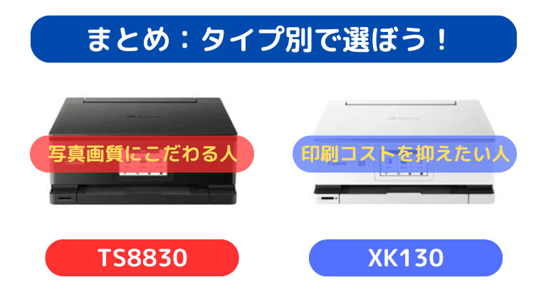 キャノンプリンター TS8830とXK130の違い|まとめ