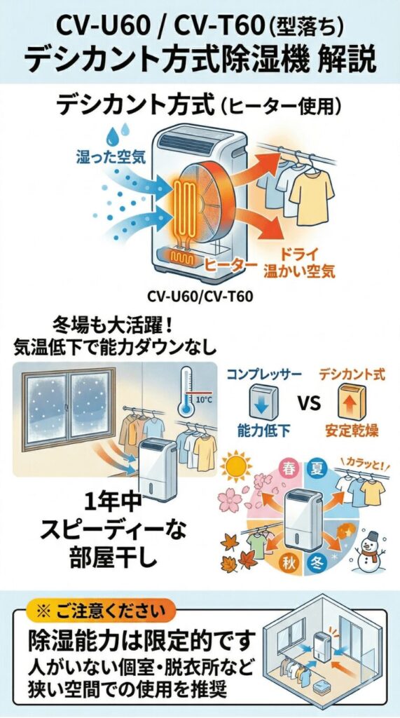 デシカント方式採用で、季節に左右されず、1年中いつでもスピーディーに洗濯物を乾かせる