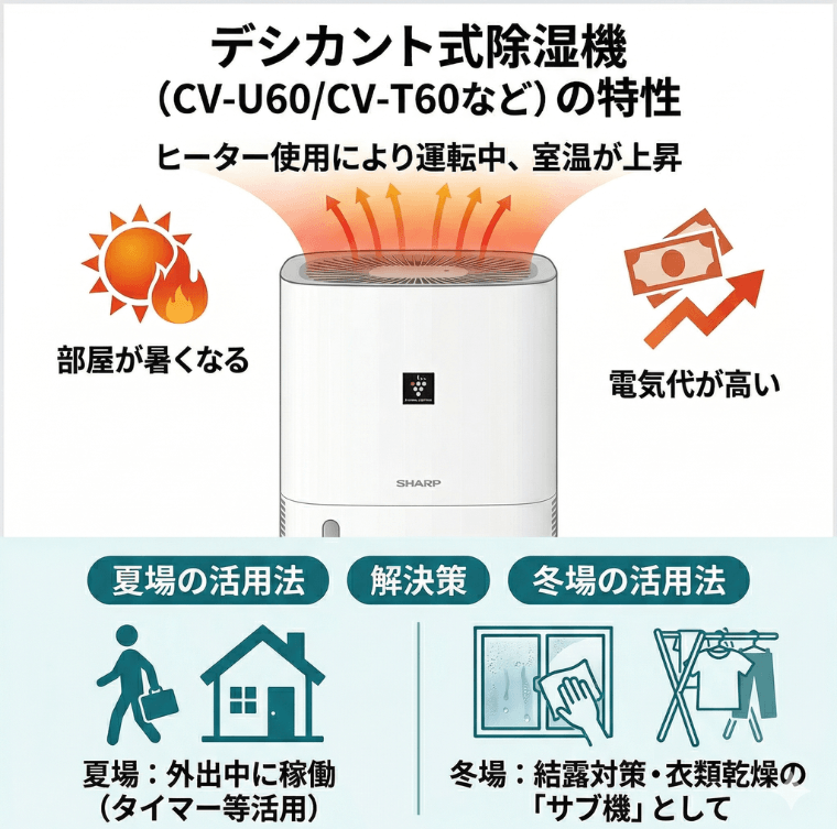 CV-U60とCV-T60(型落ち)は、デシカント式のため、電気代が高く、室温の上昇がある。