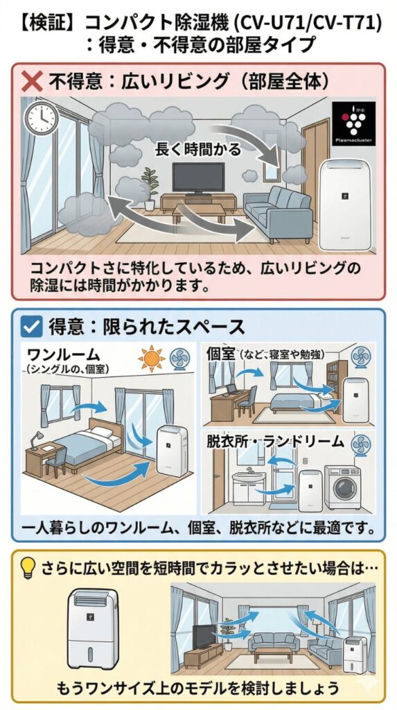 広いリビングなど「部屋全体の除湿」には不向きですが、一人暮らしのワンルームや個室、脱衣所などの限られたスペースに最適