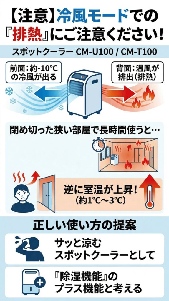 冷風を使うと「背面からの排熱で室温が上がる」
