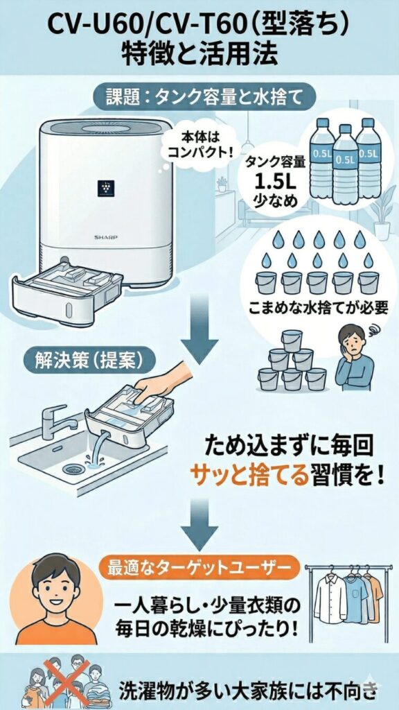 タンク容量は約1.5Lと少なめでこまめに水捨てが必要。