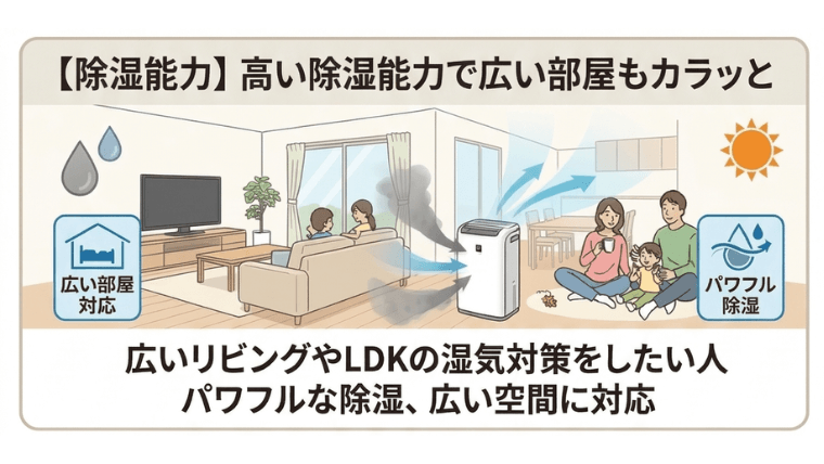 【除湿能力】広いリビングやLDKの湿気対策をしたい人